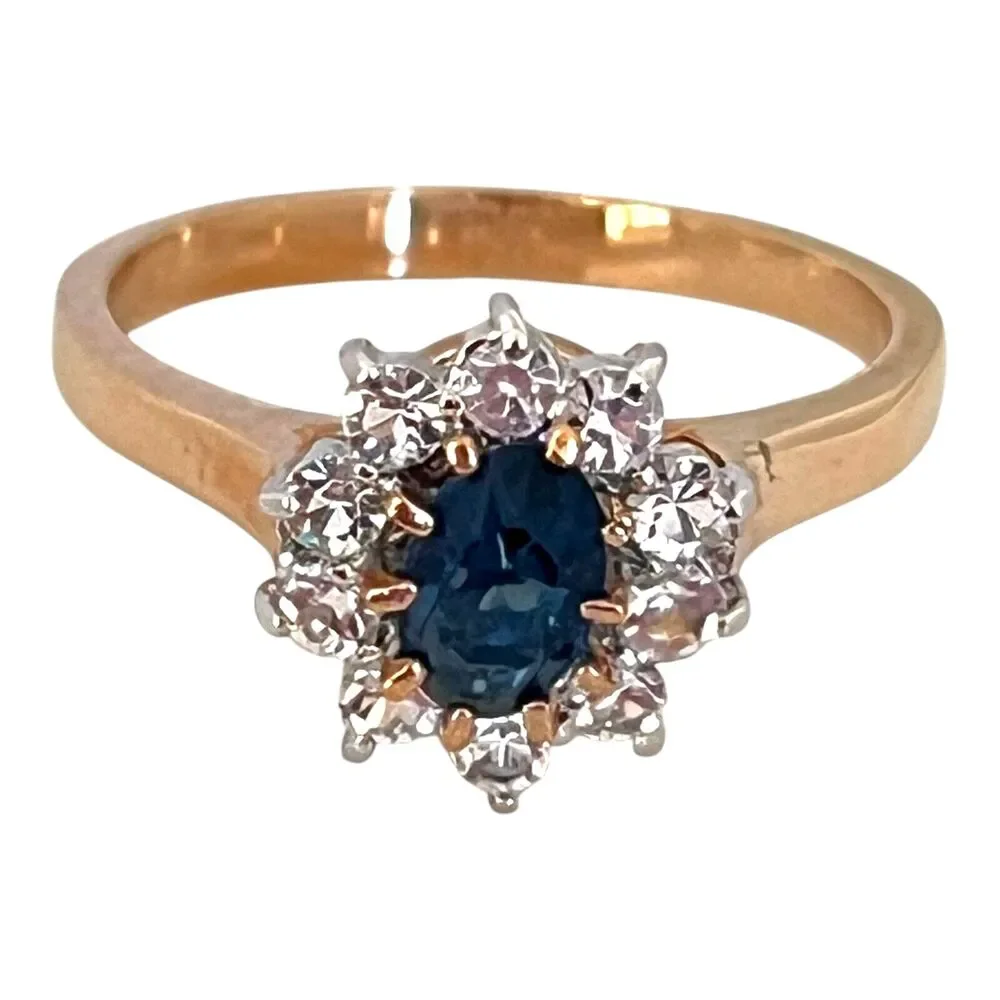 Vintage 1980s Ring Size 8 Blue Austrian Crystal Cluster Gold Plated - 10N